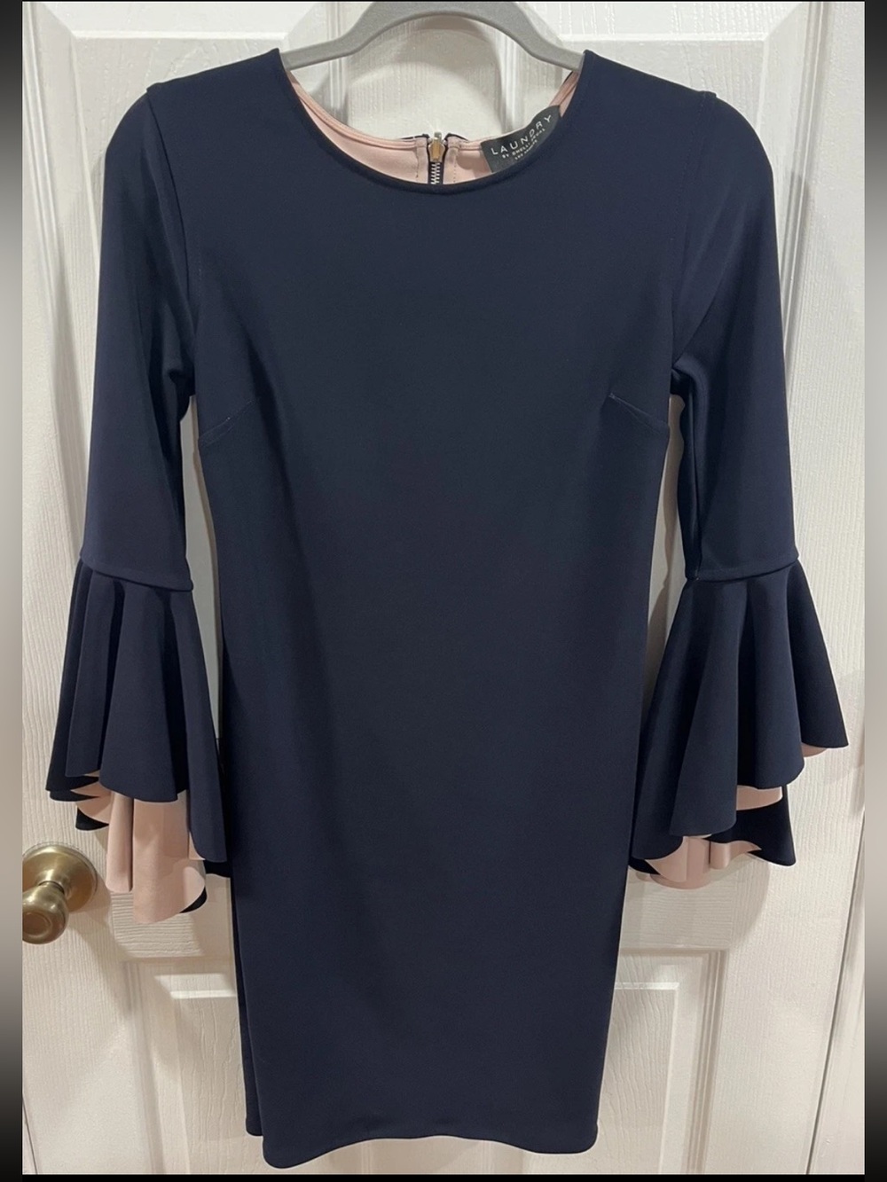 Laundry by Shelli Segal Navy Bell Sleeve Sheath Dress Pink Trim Women's Size 4